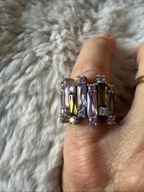 Silver-Tone Purple and Green Baguette Cocktail Ring - Women's Fashion